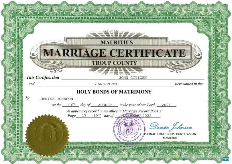 Download Mauritius marriage certificate Word and PDF template Photoshop template